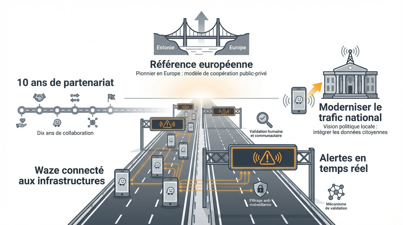 Infographie expliquant la transmission des alertes Waze vers les panneaux autoroutiers en Estonie