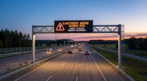 Autoroute estonienne au crépuscule avec un panneau dynamique affichant "ACCIDENT AHEAD" et "EXPECT DELAYS". Des voitures circulent, lumières allumées.