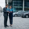 Deux professionnels analysent des données de leasing auto via une tablette holographique, avec des voitures et un tramway urbain en arrière-plan.