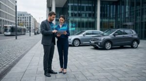 Deux professionnels analysent des données de leasing auto via une tablette holographique, avec des voitures et un tramway urbain en arrière-plan.