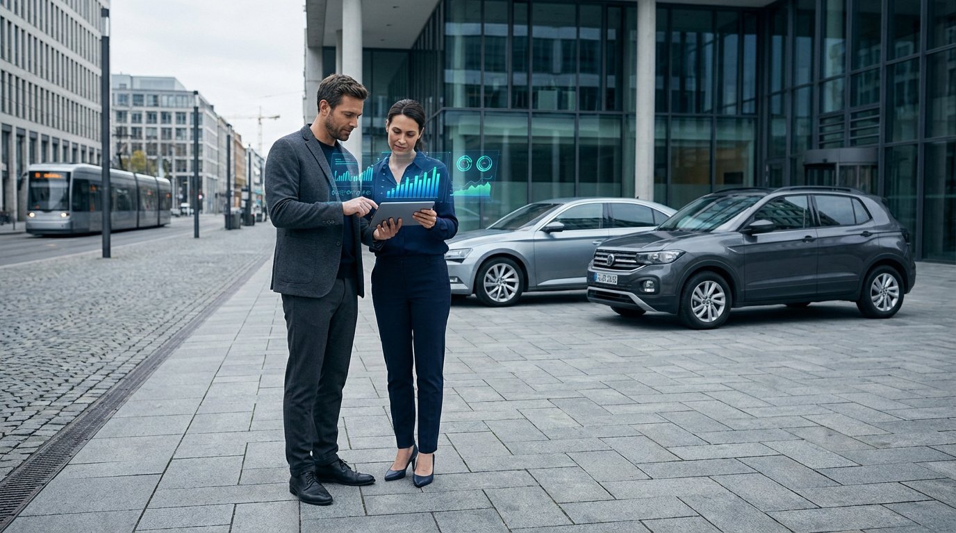 Deux professionnels analysent des données de leasing auto via une tablette holographique, avec des voitures et un tramway urbain en arrière-plan.