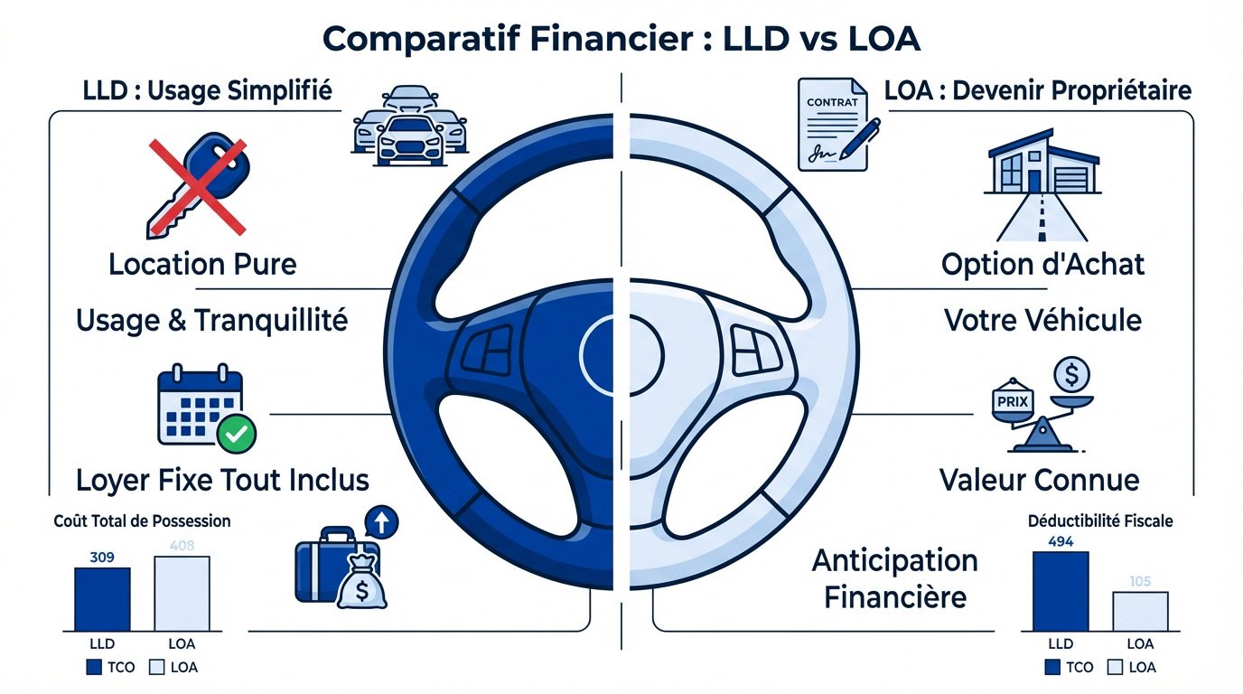 Comparaison visuelle entre la location longue durée et la location avec option d'achat pour professionnels