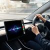 Une femme conduit une Tesla, son écran affiche une onde sonore colorée et des icônes d'applications. Elle utilise une IA vocale.