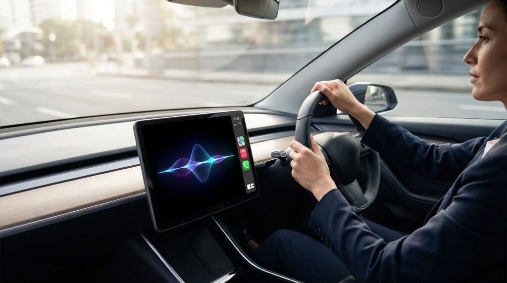 Une femme conduit une Tesla, son écran affiche une onde sonore colorée et des icônes d'applications. Elle utilise une IA vocale.